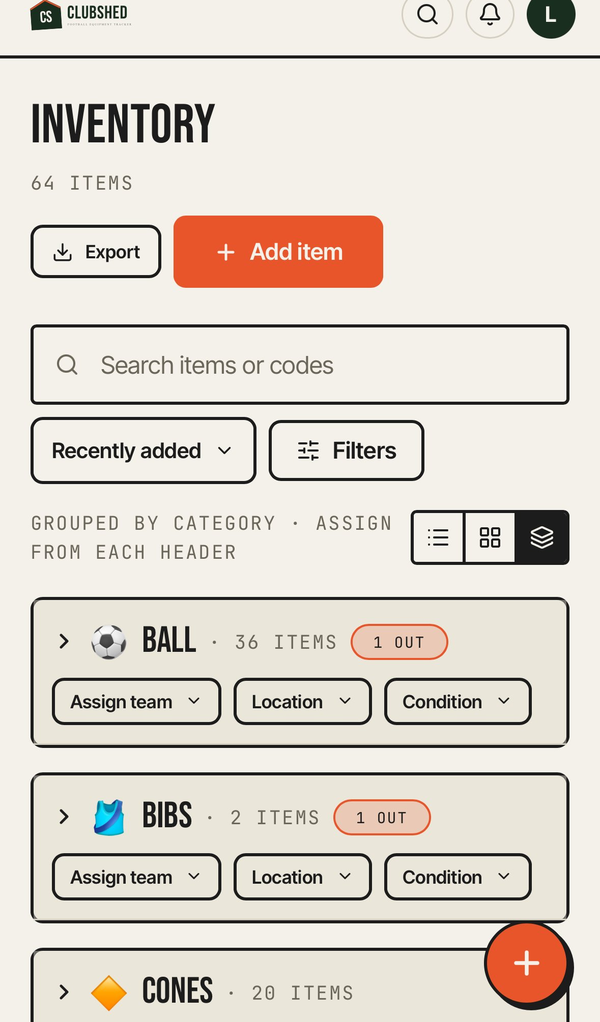 ClubShed inventory grouped by category: 36 balls (1 out), 2 bibs (1 out), 20 cones.
