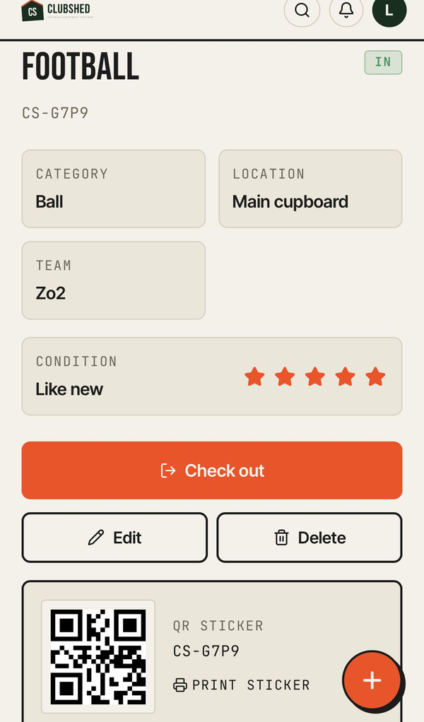 ClubShed app: a football item card showing condition, location, team allocation, a Check out button, and a QR sticker code
