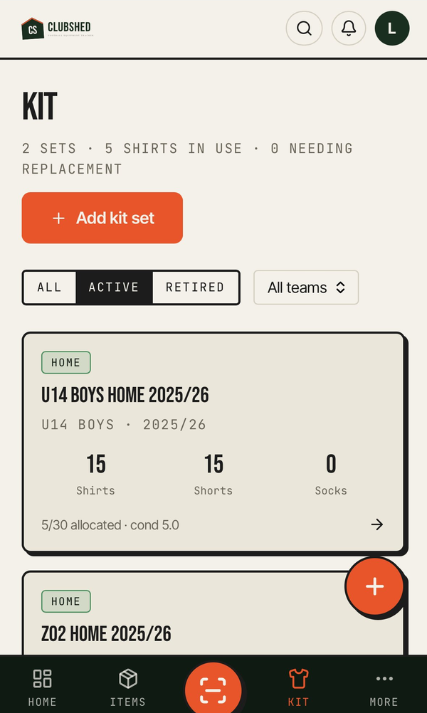 ClubShed Kit page showing 2 kit sets with shirts, shorts, socks, and allocation status.